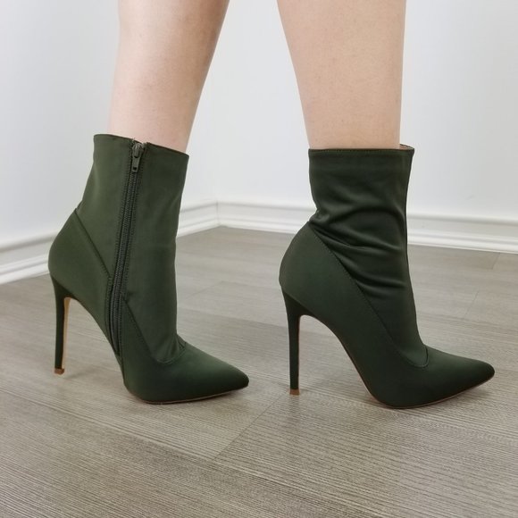 Olive Pointy Toe Sexy Stiletto Ankle Sock Boots - Picture 3 of 11